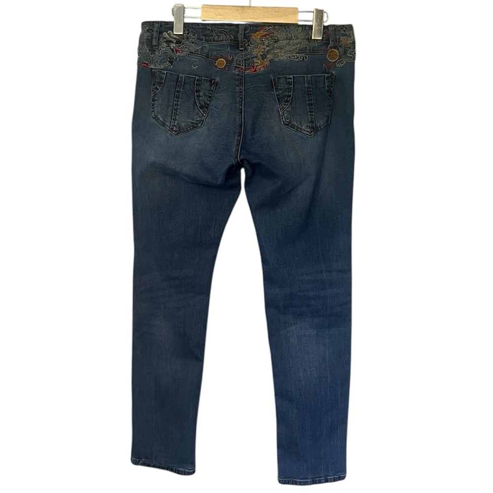 Desigual Y2K Jeans Skinny Embroidered Dragon Blue Denim Women’s Size 34